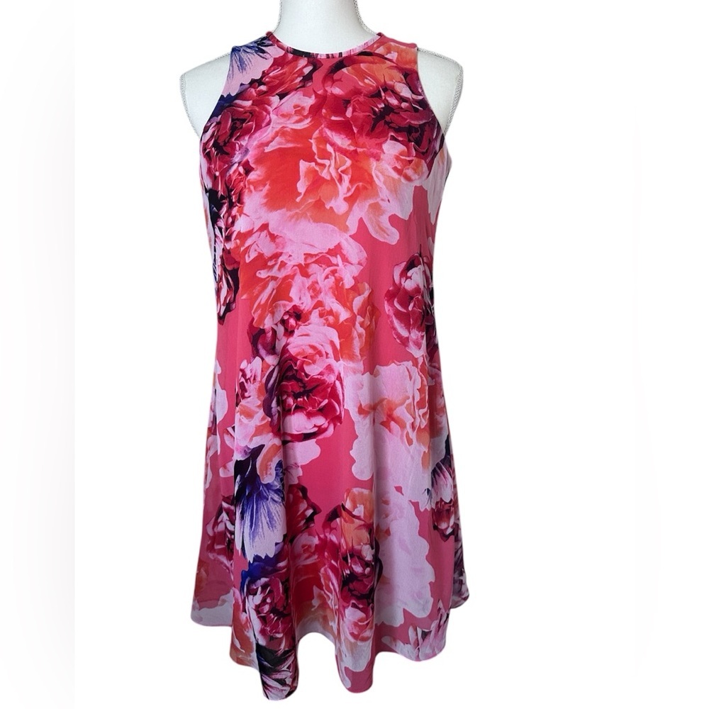 Calvin Klein Pink Multi Floral Chiffon Trapeze Dress